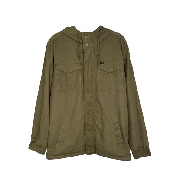 RVCA Men’s Large Canvas Fleece Hooded Jacket Green Zip Button Outerwear Gorpcore - Picture 2 of 7